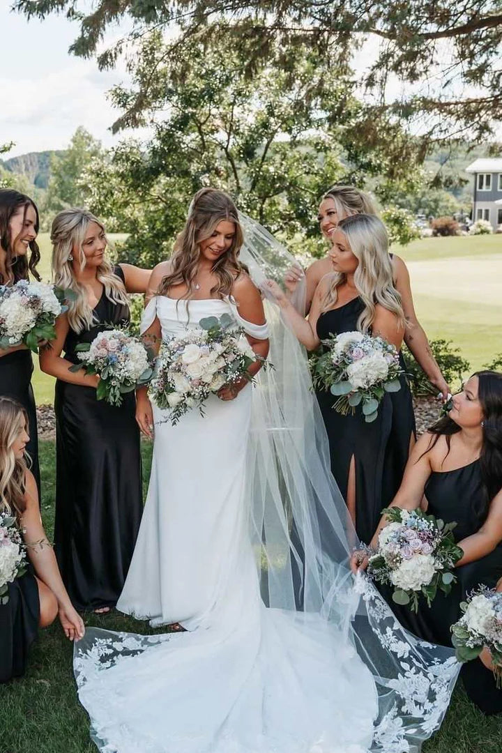 One Shoulder Bridesmaid Dress Black Satin Pleats Long Guest Dress with Slit Mychicdress