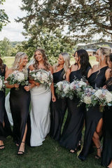 One Shoulder Bridesmaid Dress Black Satin Pleats Long Guest Dress with Slit Mychicdress