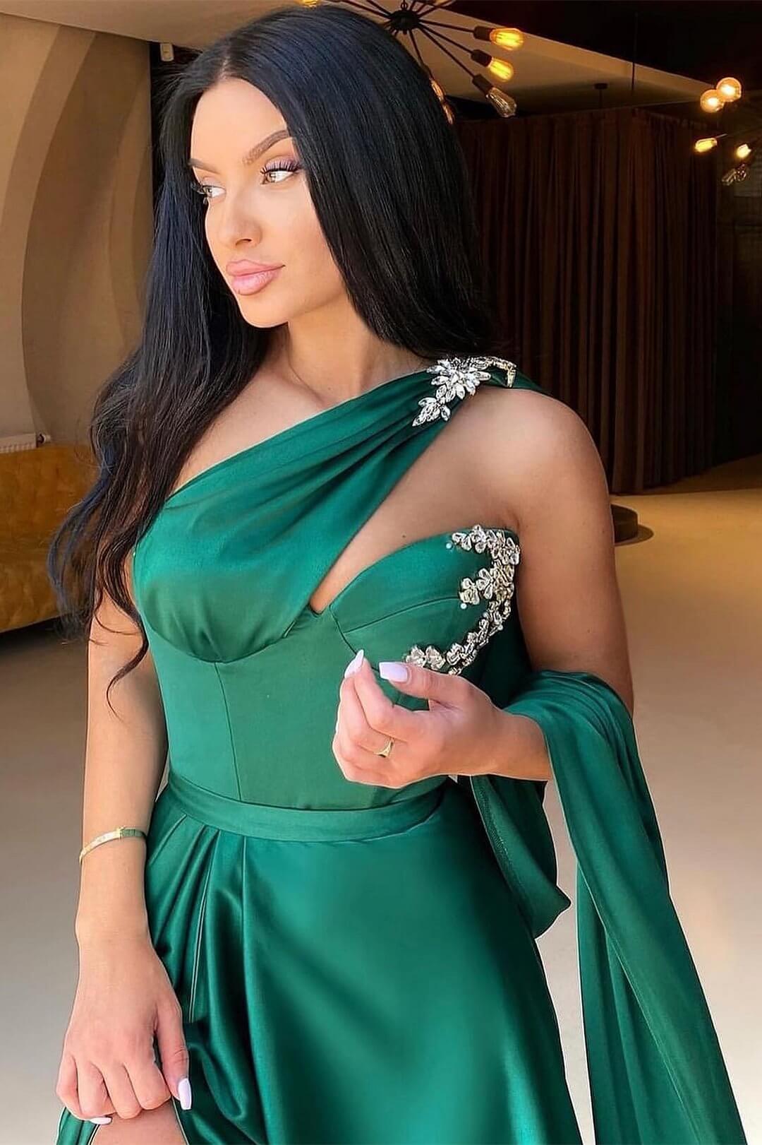 One-Shoulder Dark Green Evening Dress Mermaid With Beadings