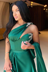 One-Shoulder Dark Green Evening Dress Mermaid With Beadings