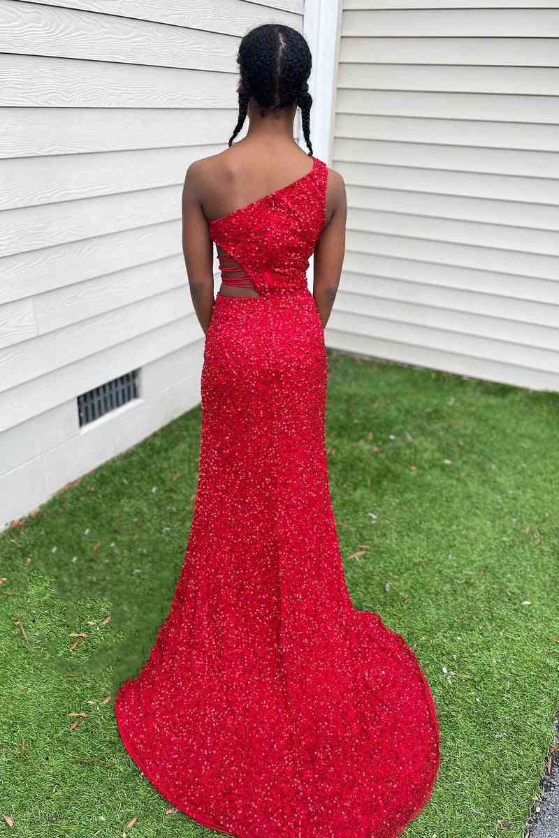 One Shoulder Red Formal Dress Sequin Prom Dress Mermaid with Slit