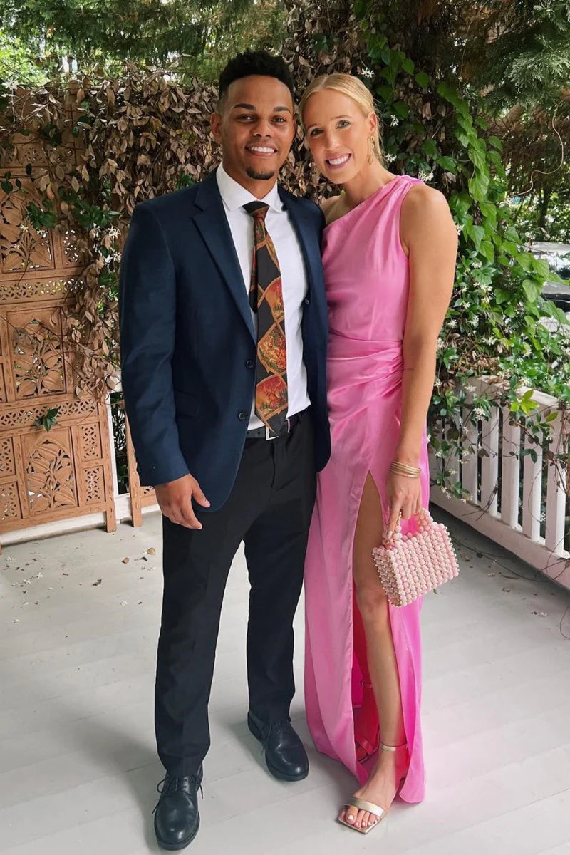 One-Shoulder Hot pink Bridesmaid Dress Mermaid Satin Maxi Dress Mychicdress