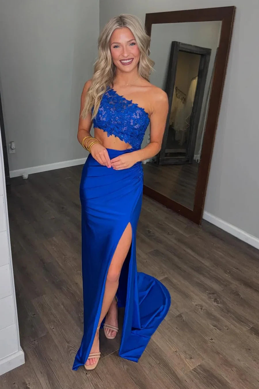Royal blue One Shoulder Lace Prom Dress Cut Out