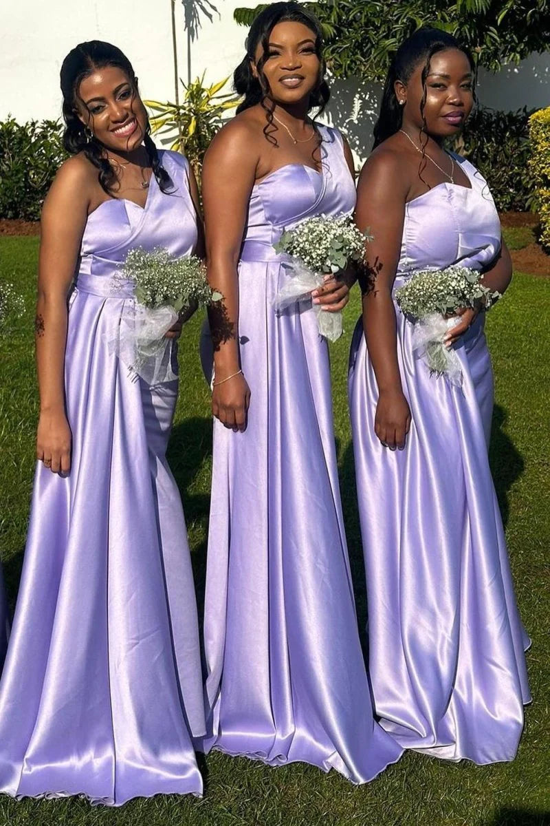 One Shoulder Lavender Bridesmaid Dress Long Satin Maxi Dress