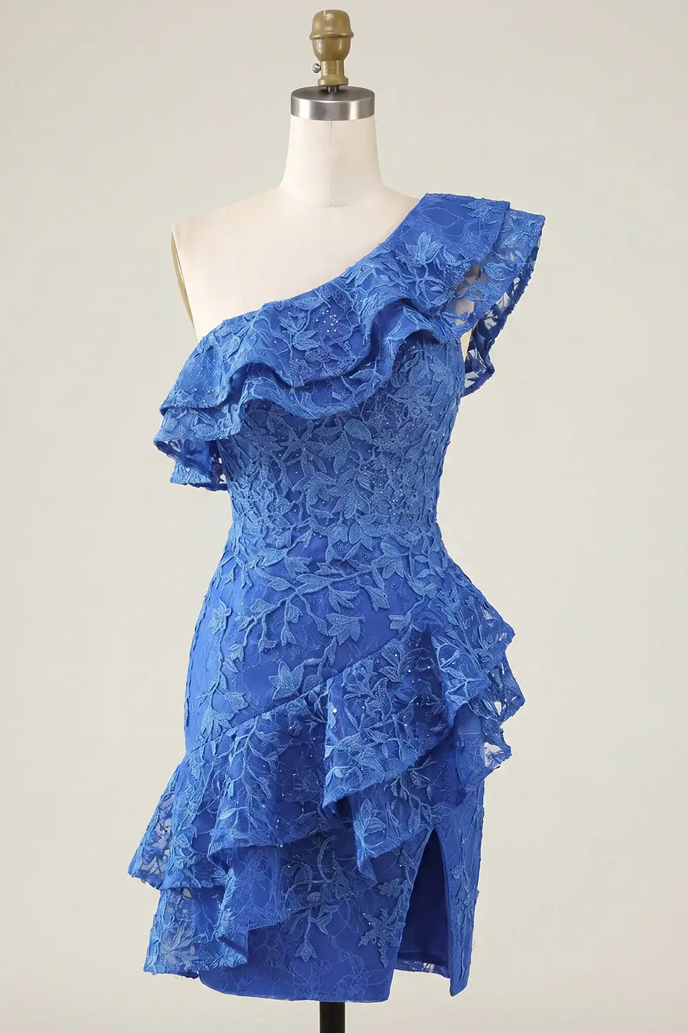 One Shoulder Royal Blue Short Lace Hoco Dress Tight Ruffled Slit