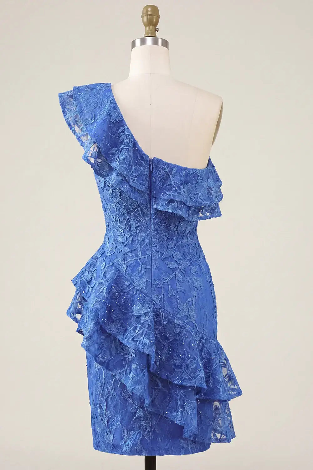One Shoulder Royal Blue Short Lace Hoco Dress Tight Ruffled Slit