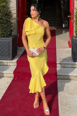 One-Shoulder Yellow Midi Wedding Guest Dress Mermaid Formal Wears