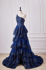 One Shoulder Sequin Violet Purple Prom Dress Tiered Ruffle Mermaid Appliqeus