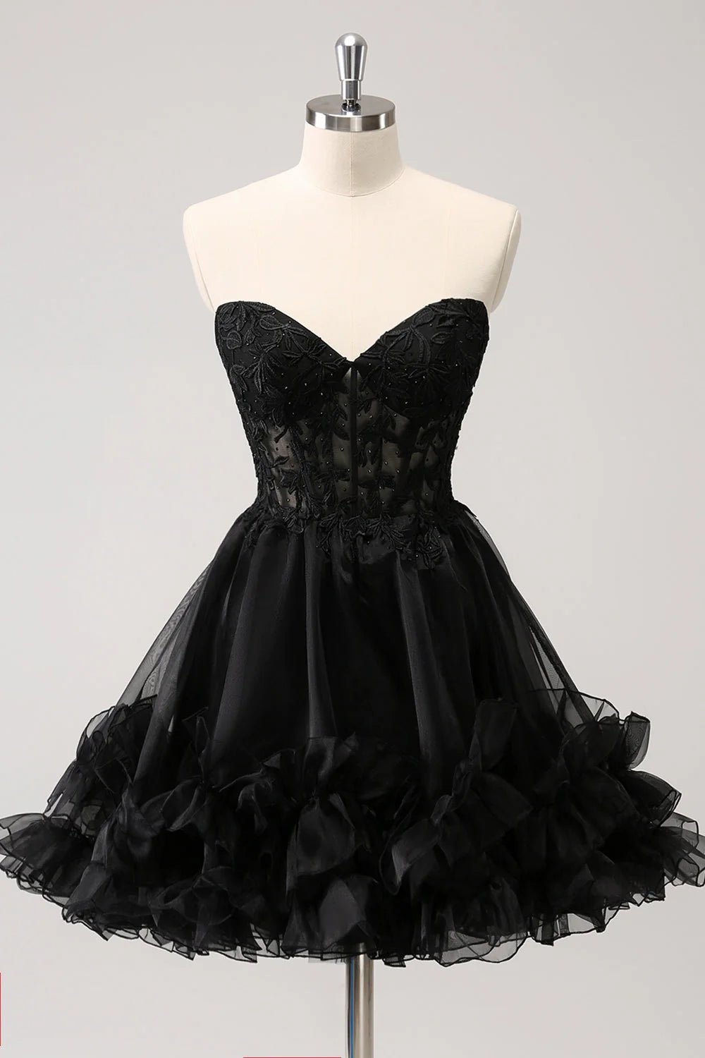 Open Back Short Black Hoco Dress A Line Lace Cocktail Dress Sweetheart