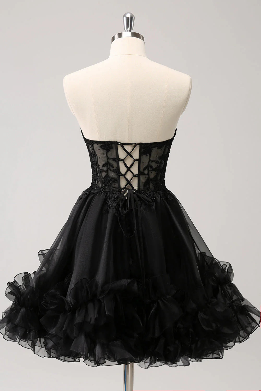 Open Back Short Black Hoco Dress A Line Lace Cocktail Dress Sweetheart