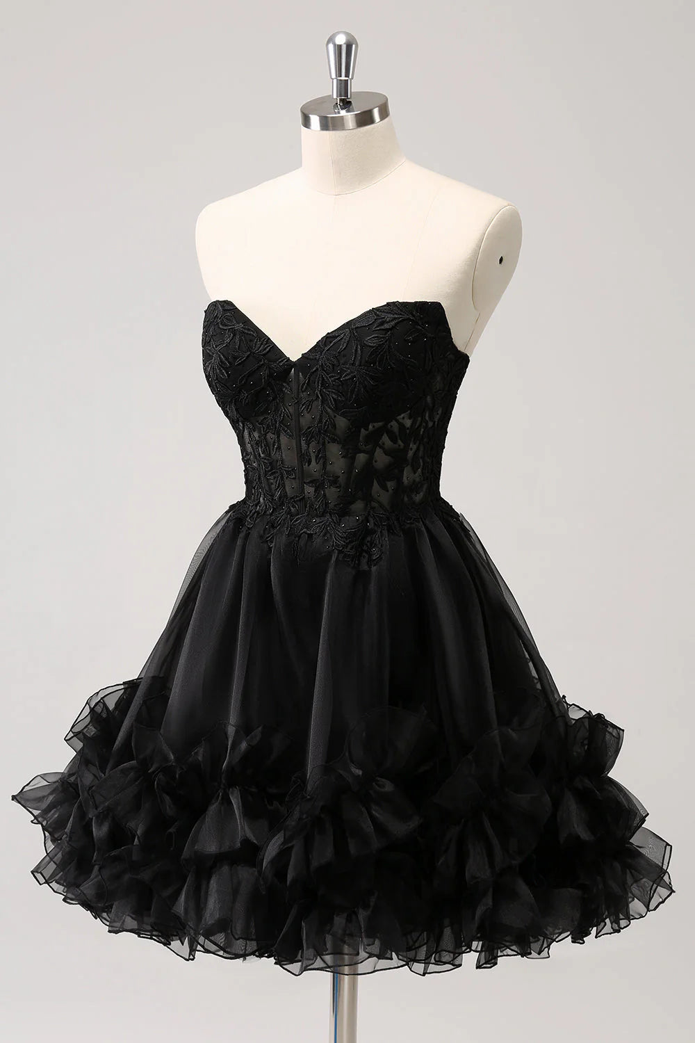 Open Back Short Black Hoco Dress A Line Lace Cocktail Dress Sweetheart