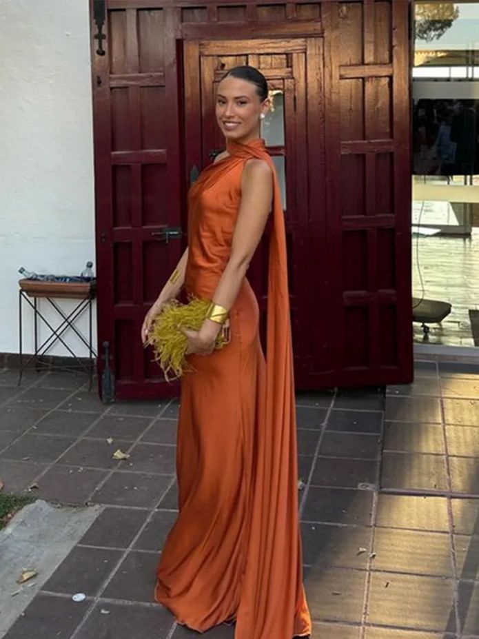 Orange-satin-wedding-guest-dress-halter-maxi-dress-mychicdress