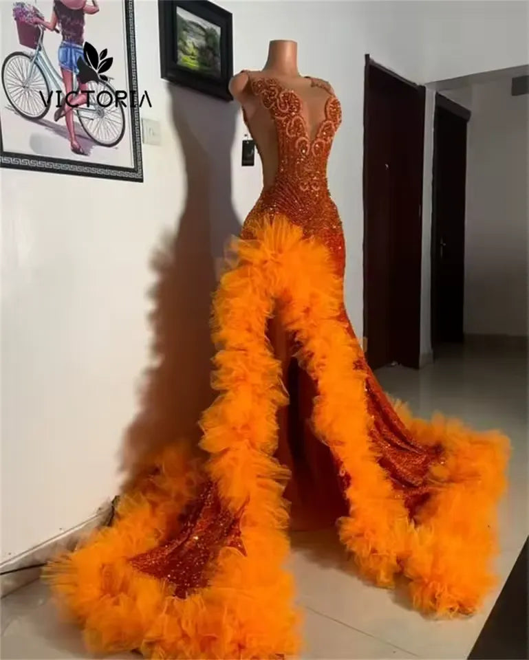 Glitter Orange Sequin Prom Dress Beaded Tulle V-neck with Ruffles