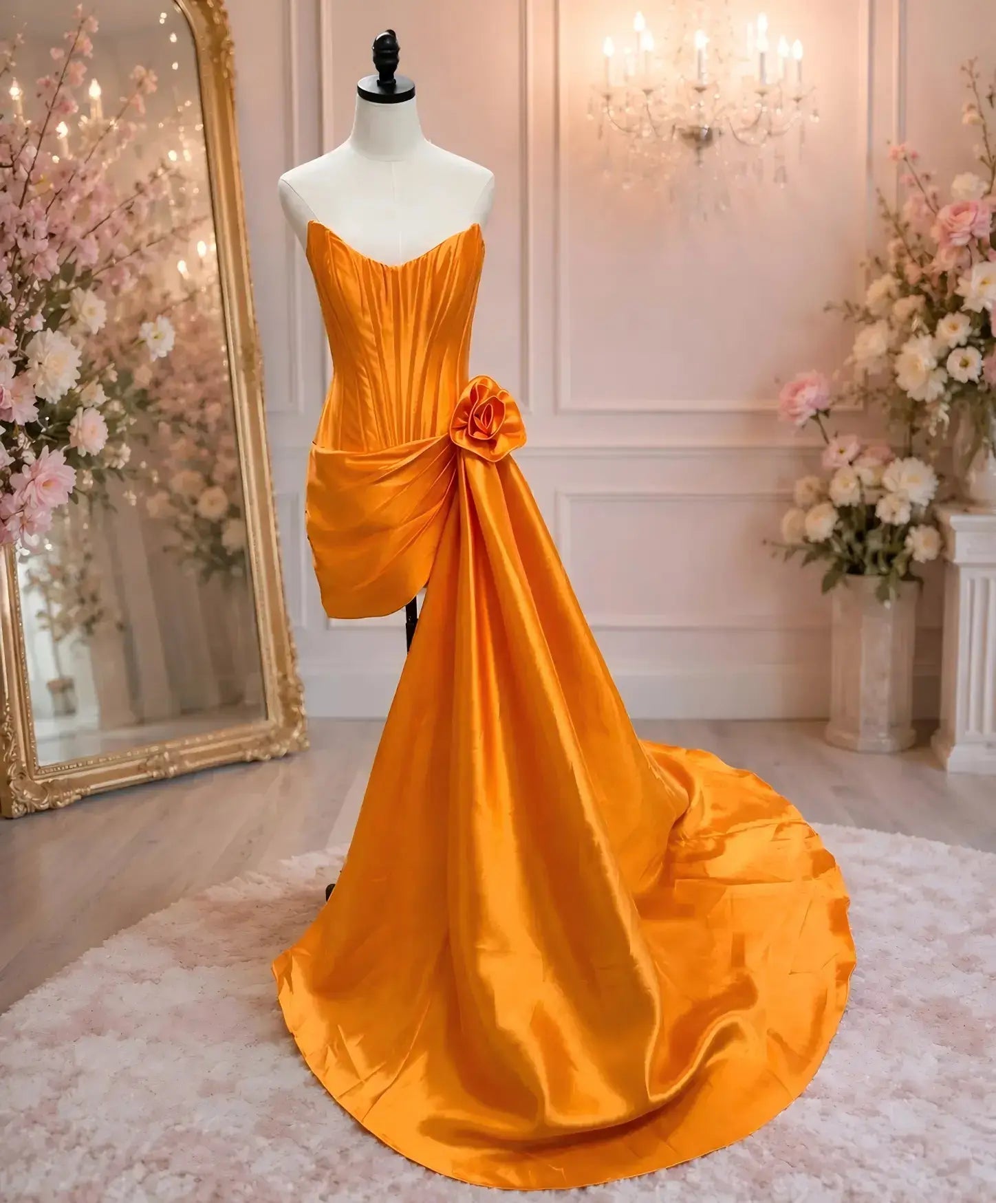 A bright orange satin strapless gown