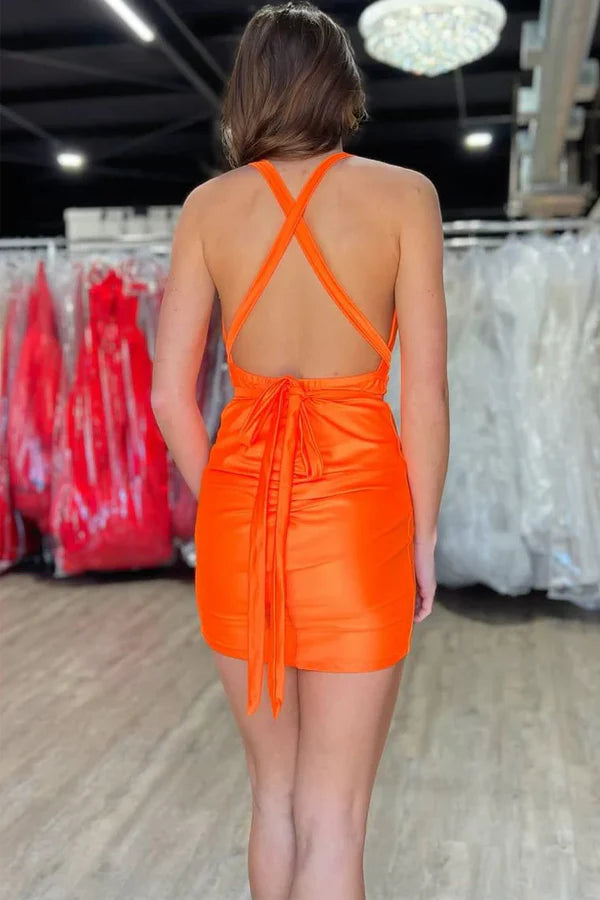 Orange Mini Homecoming Dress V-Neck Sleeveless Satin