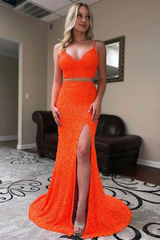 2024 Long Sexy 2 Piece Sequin Prom Dresses Mermaid Evening Gown with Split