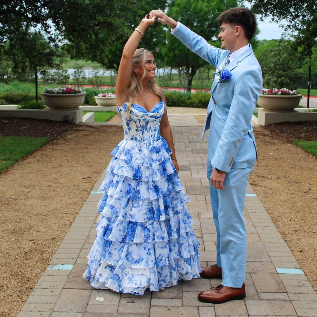 A-line Tiered Floral Blue Prom Dress Sweetheart with Ruffles