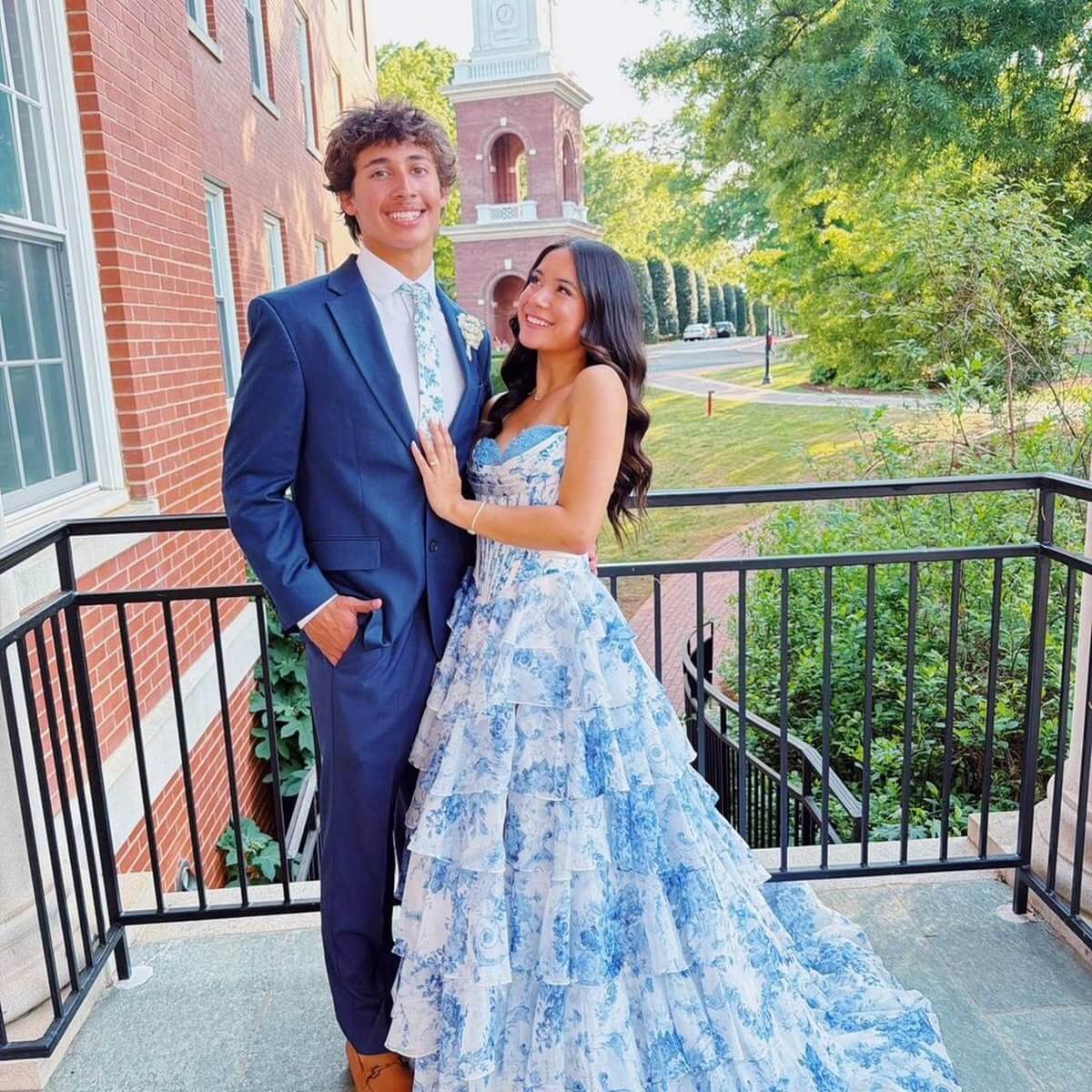 A-line Blue Floral Prom Dress Sweetheart with Ruffles
