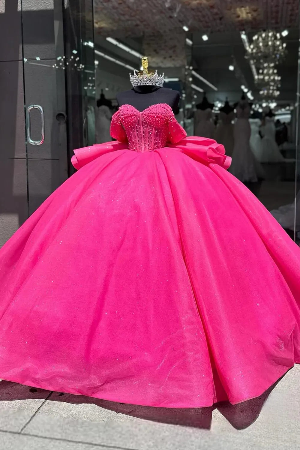 Pearls Beaded Fuchsia Quinceanera Dress with Bow Off the Shoulder Mychicdress