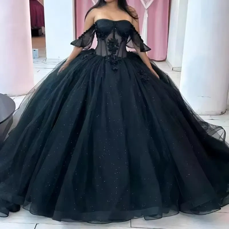 Black Corset Quinceanera Dresses Beading Tulle Vestidos De 15 Anos