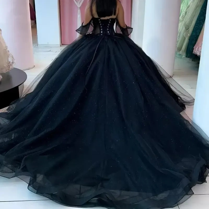 Pearls Black Corset Quinceanera Dresses Beading Tulle Vestidos De 15 Anos