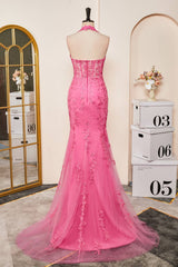 2025 Long Halter Mermaid Lace Pastel Yellow Prom Dresses
