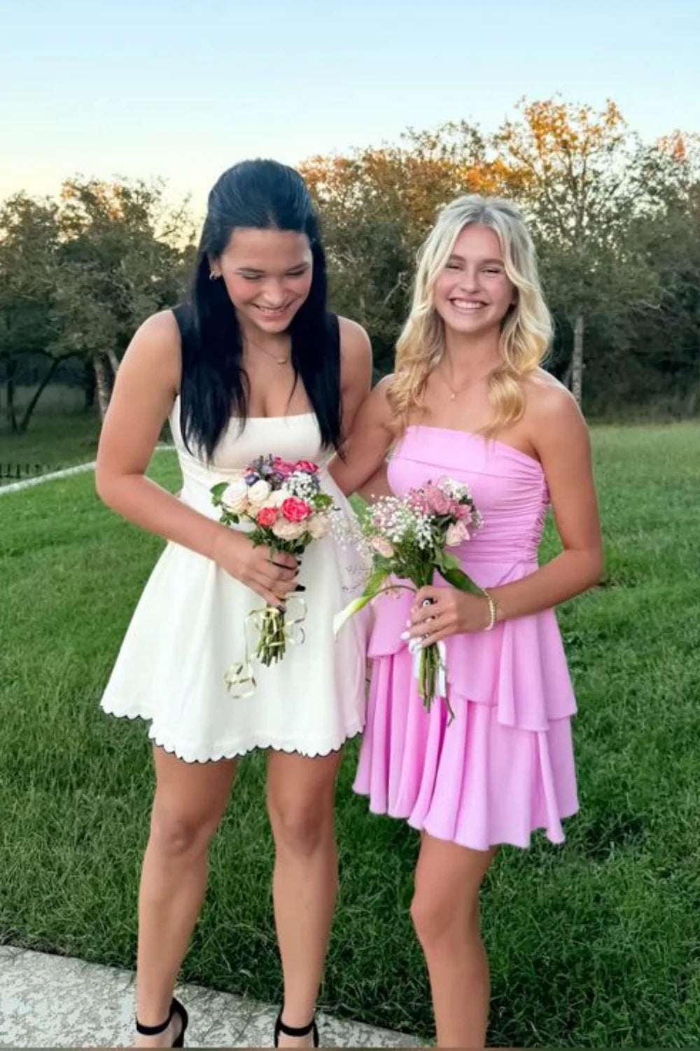 Pink Chiffon Short Homecoming Dress Strapless Ruched with Ruffle