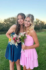 Pink Chiffon Short Homecoming Dress Strapless Ruched with Ruffle