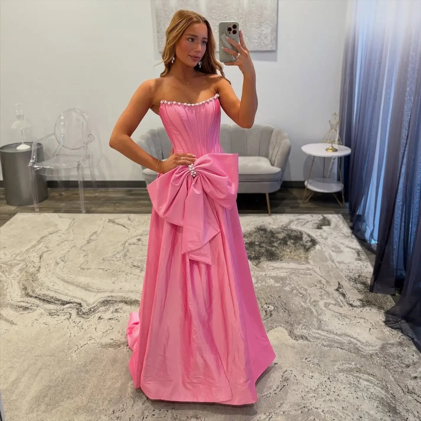 Satin Strapless Evening Dress pink Corset Crystal Prom Dresses  with Bowknot