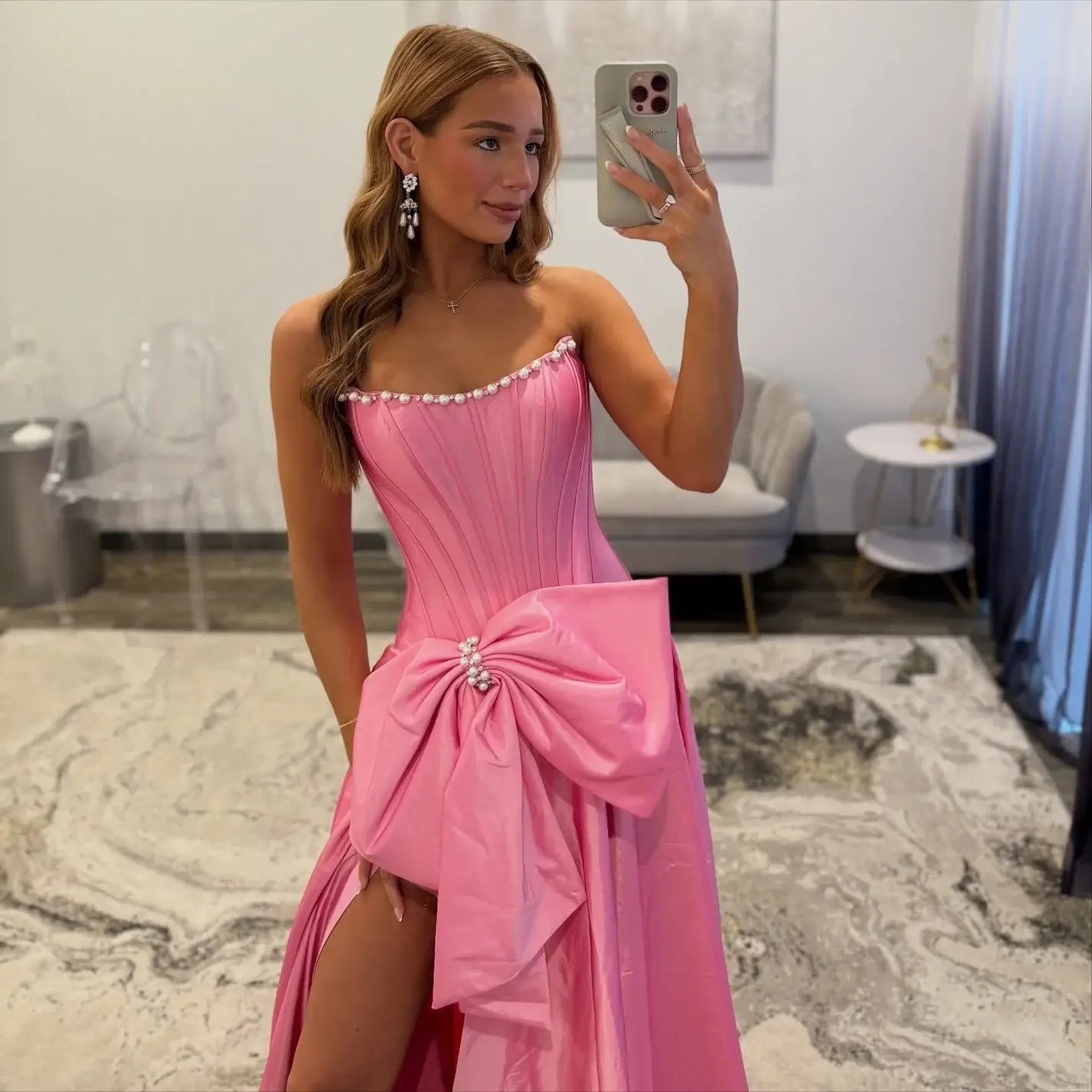 Satin Strapless Evening Dress pink Corset Crystal Prom Dresses  with Bowknot