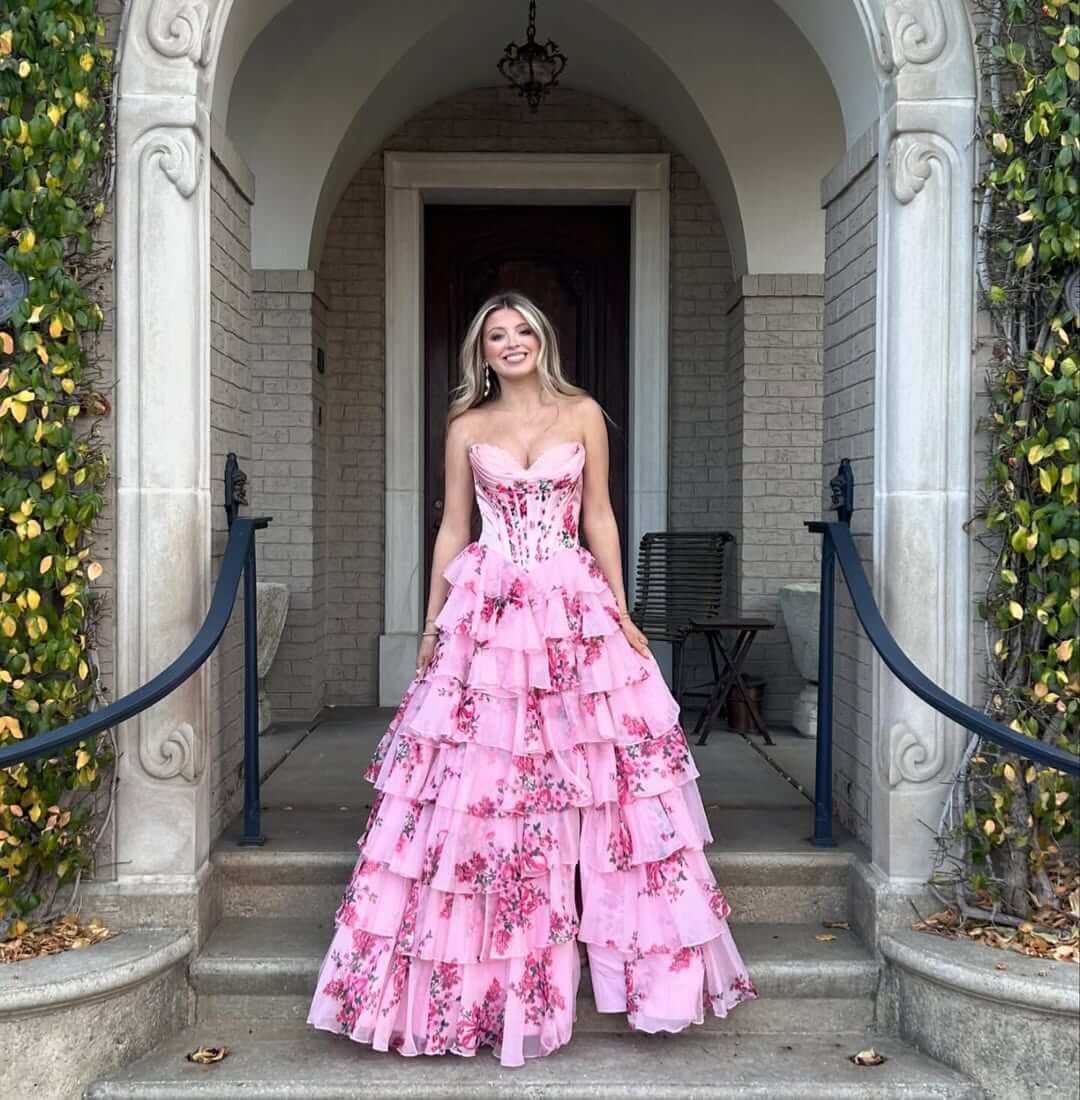 Unique Pink Floral Prom Dresses Strapless Corset Long Evening Gown