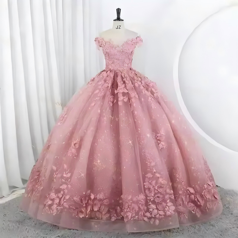Pink Floral Quinceanera Dresses Customized Quince Dress off Shoulder