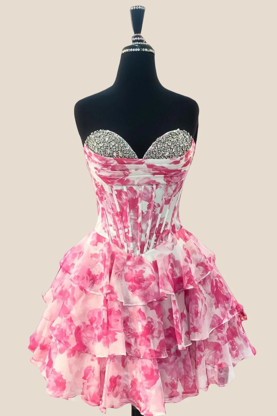 Pink Short Homecoming Dress Beaded Floral Sweetheart with Ruffle