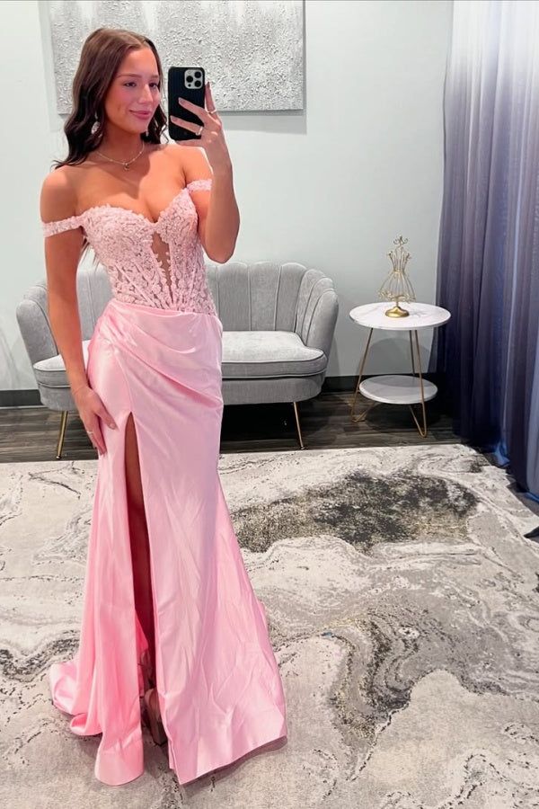 Vestidos de fiesta largos rosas de satén con escote de sirena y escote corazón