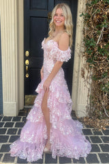 Pink Glitter Prom Dress Ruffle Tiered Appliques with Flutter Sleeves