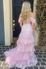 Pink Glitter Prom Dress Ruffle Tiered Appliques with Flutter Sleeves