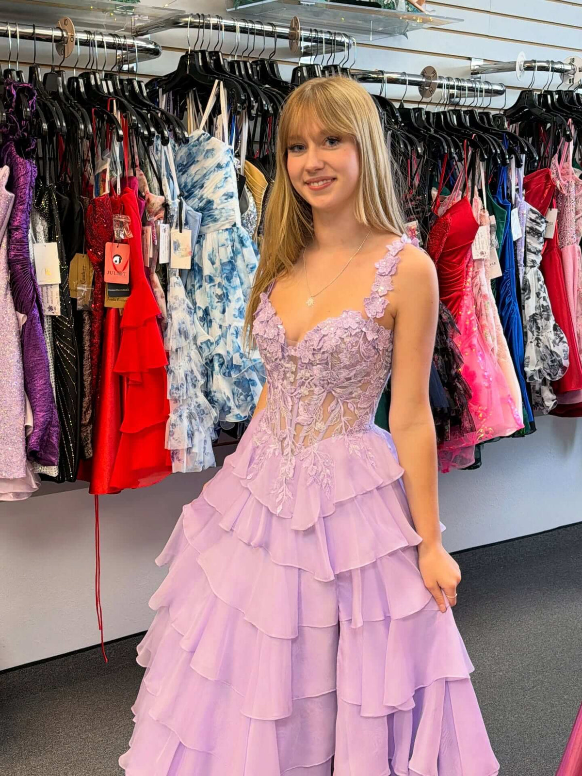 A Line lace-appliquéd corset Prom Dress floral straps with Ruffles