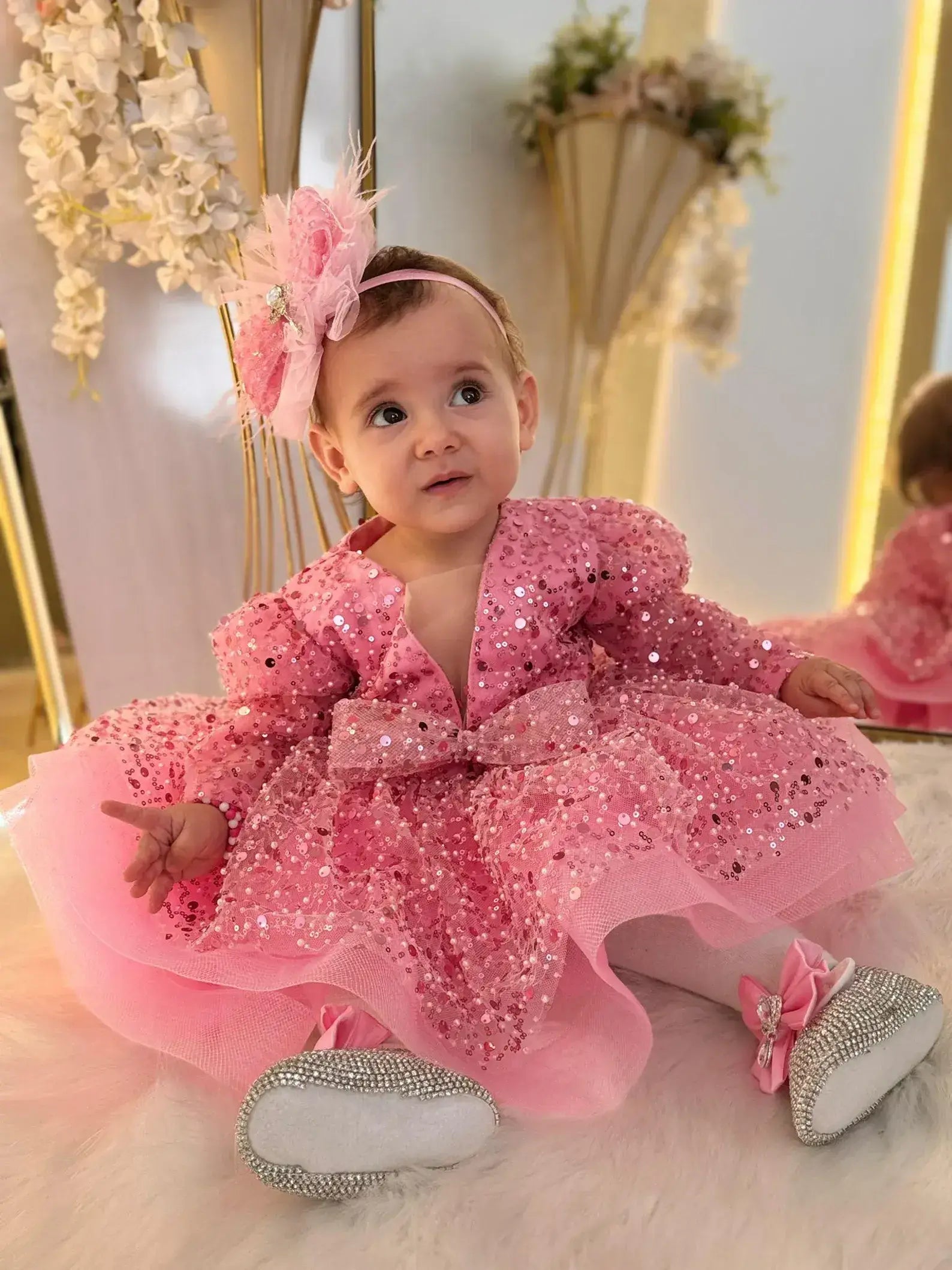 sparkly pink sequined ballgown with a matching pink headband