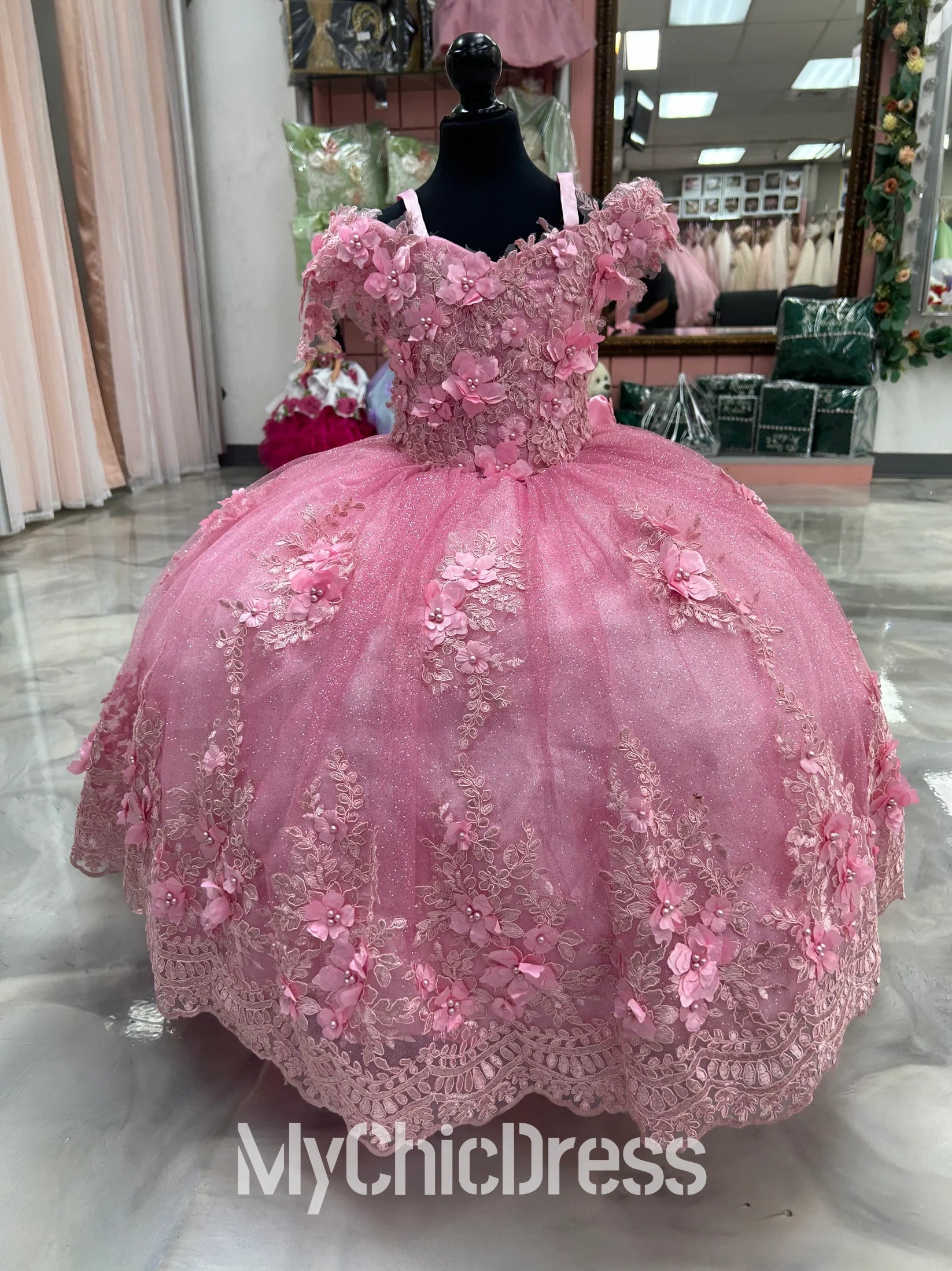 Pink Mini Quinceanera Dress Lace Appliques with Bow Mychicdress