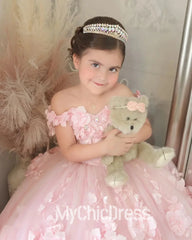 Mychicdress Pink Mini Quinceanera Dresse 3d Floral Flower Girl Dress For Wedding