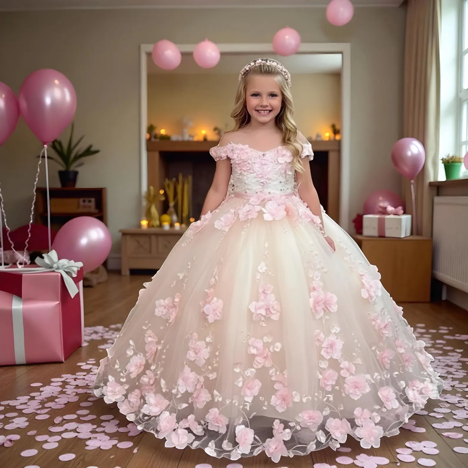 Lilac Mini Quinceanera Gown 3D Floral Appliques Off-the-shoulder
