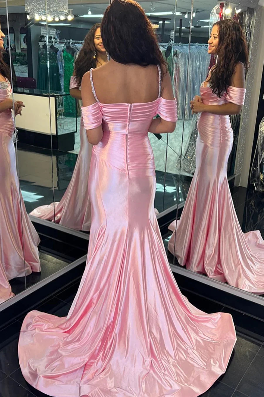 Pleated Pink Prom Dress Mermaid Off-the-Shoulder Long Evening Gown Beaded