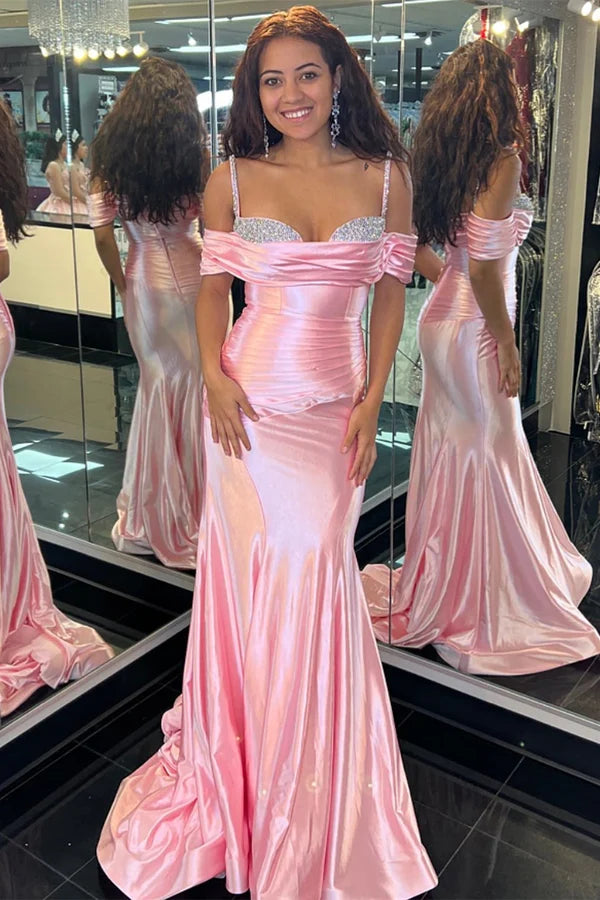 Pleated Pink Prom Dress Mermaid Off-the-Shoulder Long Evening Gown Beaded