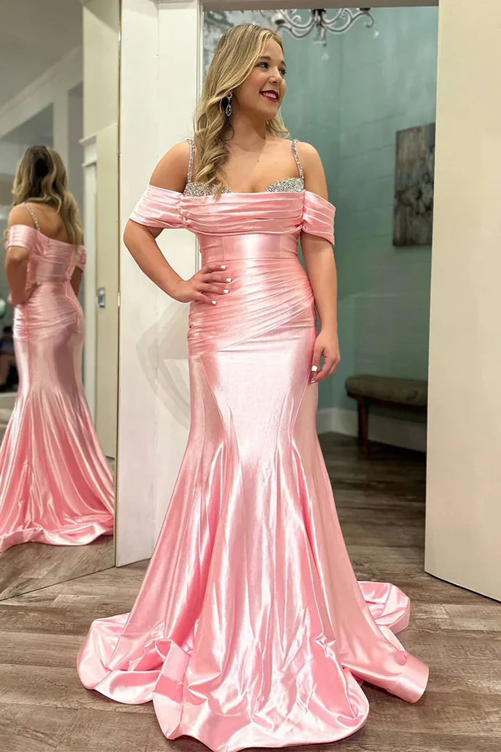 Pleated Pink Prom Dress Mermaid Off-the-Shoulder Long Evening Gown Beaded