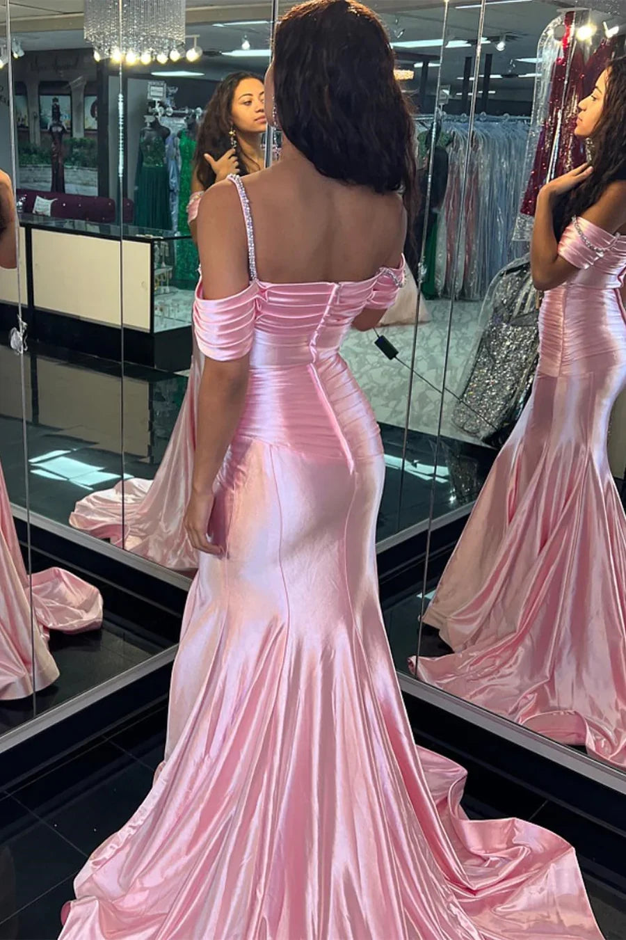 Pleated Pink Prom Dress Mermaid Off-the-Shoulder Long Evening Gown Beaded