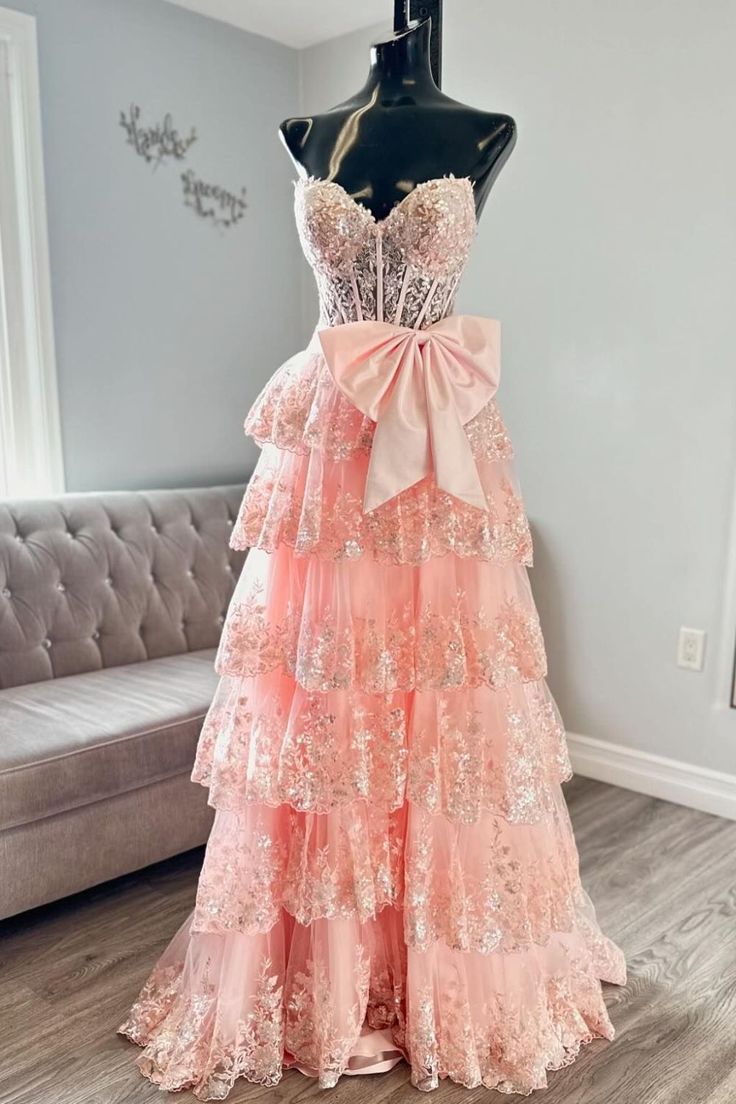 Real Pink Prom Dresses Lace V Neck with Bow Mychicdress