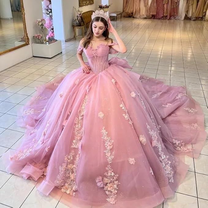 Off the shoulder Flowers Light Pink Quinceanera Dress for Sweet 16