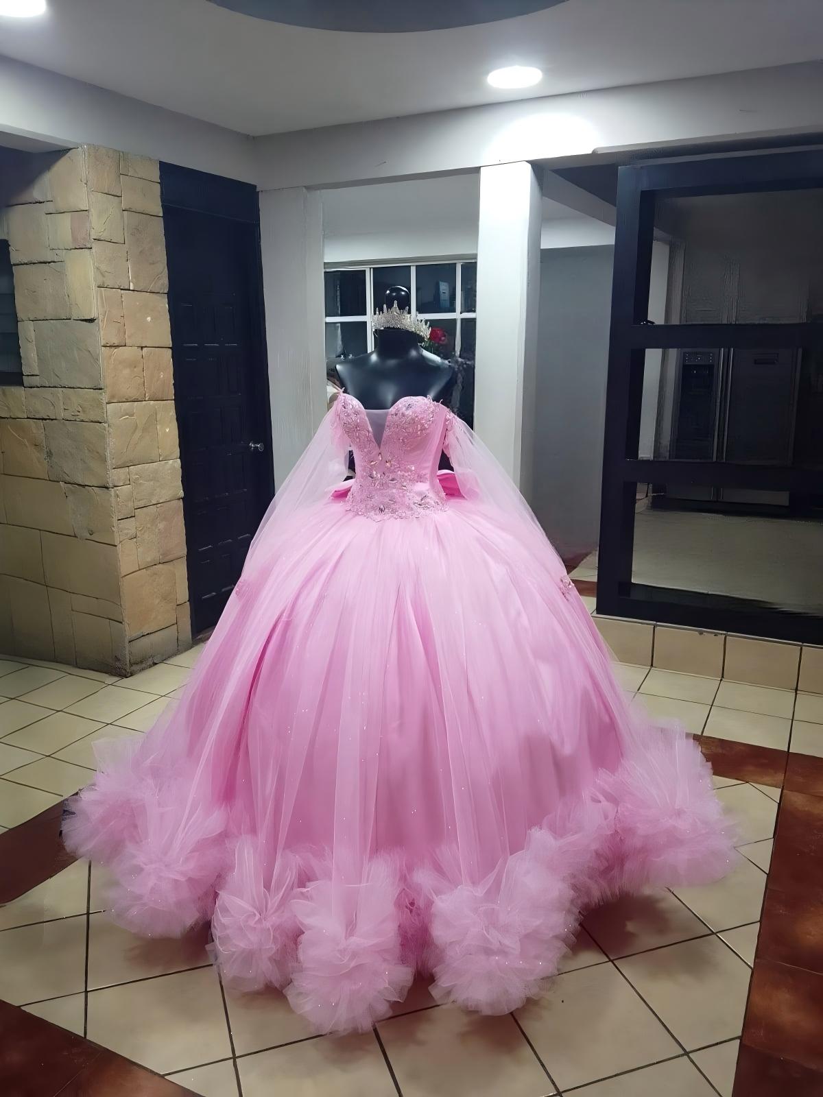 Princess Pink Quinceañera Dress Off the Shoulder with Beaded Tiered Ruffled Tulle
