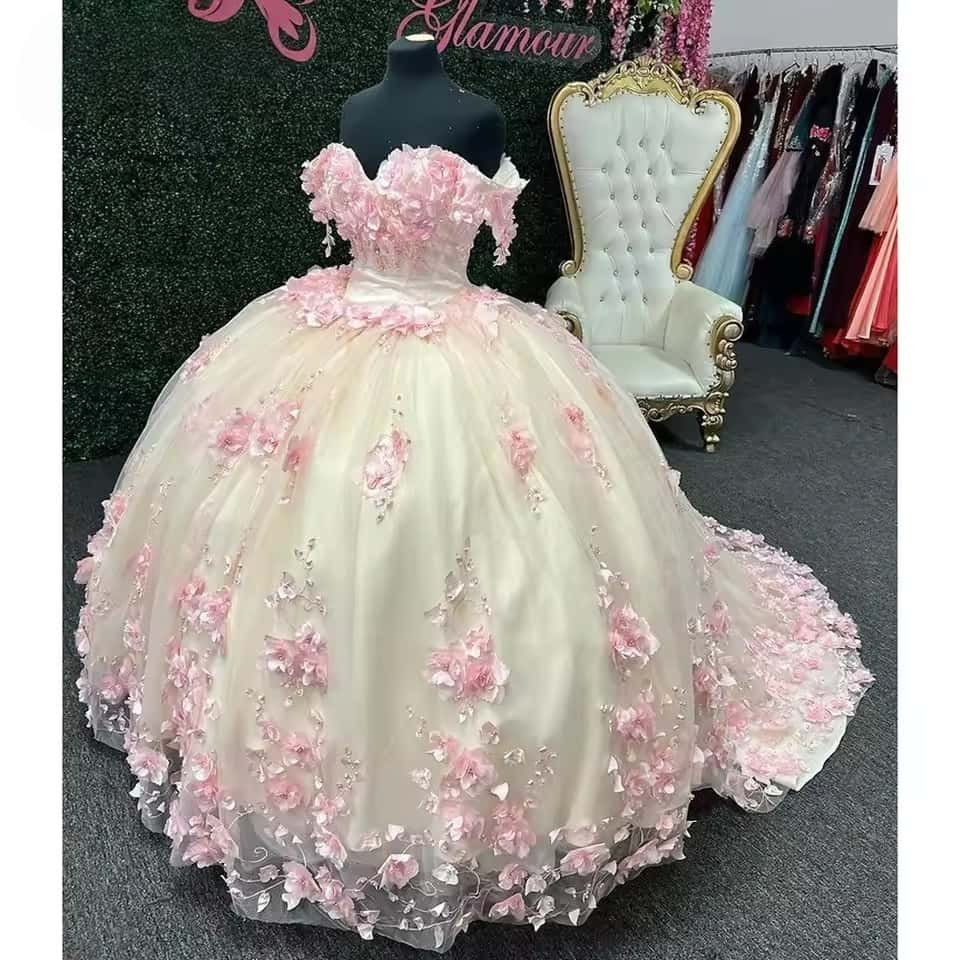 New Off Shoulder Pink Quinceanera Dress 3D Flowers Mychicdress