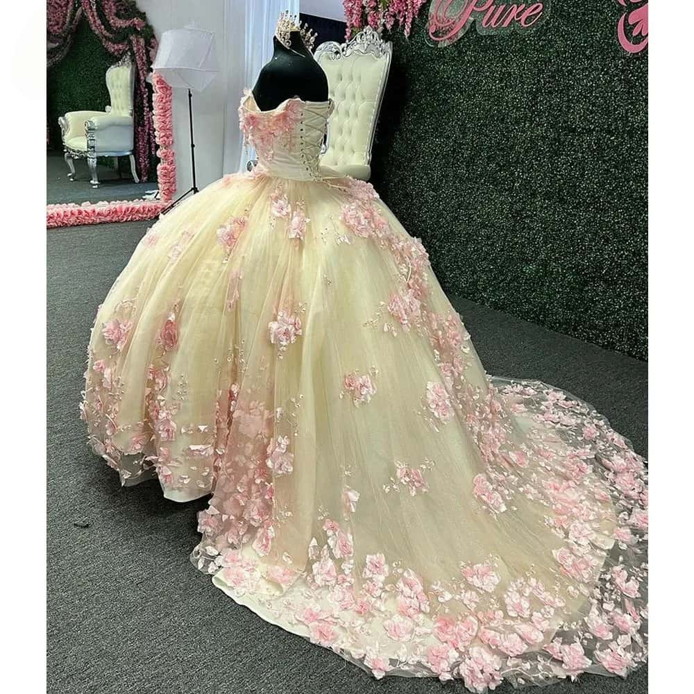 New Off Shoulder Pink Quinceanera Dress 3D Flowers Mychicdress